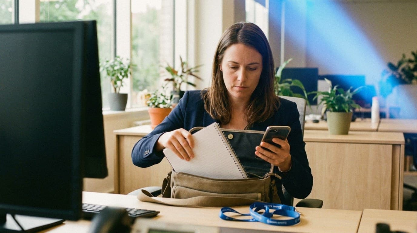 A woman in a navy blazer sits at a bright office desk packing a notebook into a shoulder bag while holding her phone in the other hand; a blue event lanyard lies on the desk, with plants and windows behind.