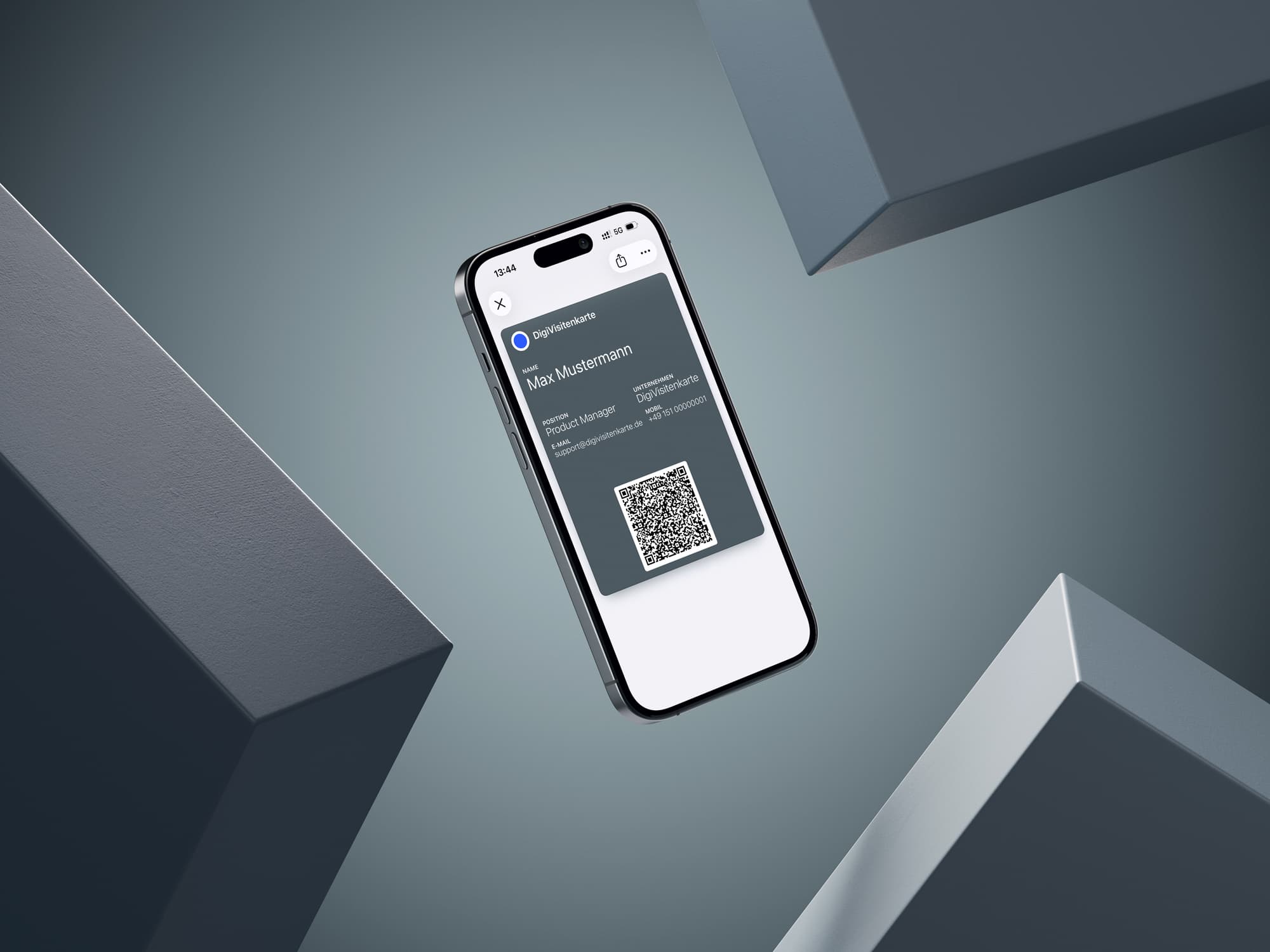 iPhone with a digital business card in Apple Wallet against a graphic background