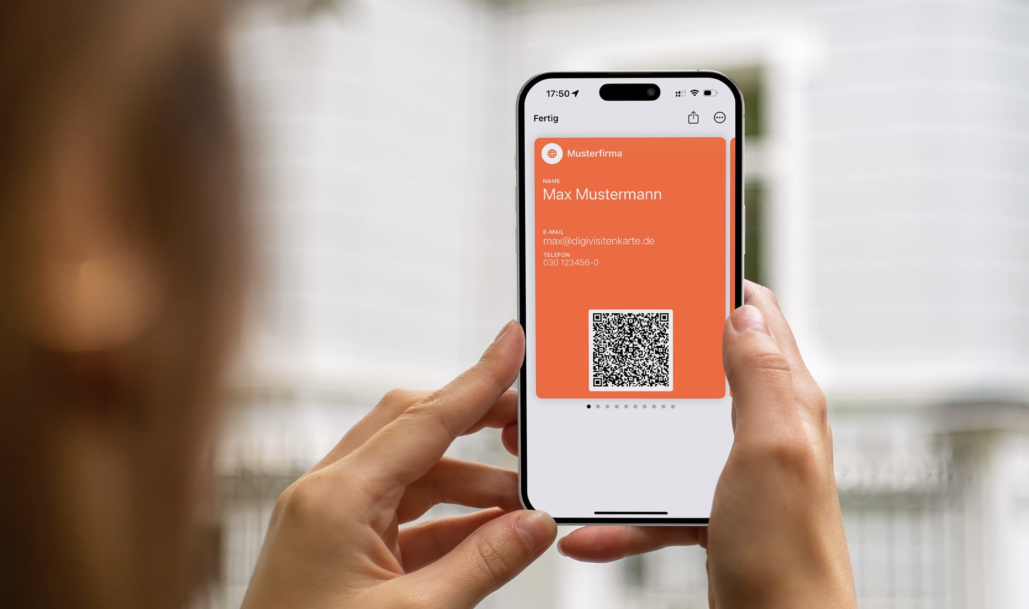 Digital business card with a vCard QR code on an iPhone in Apple Wallet