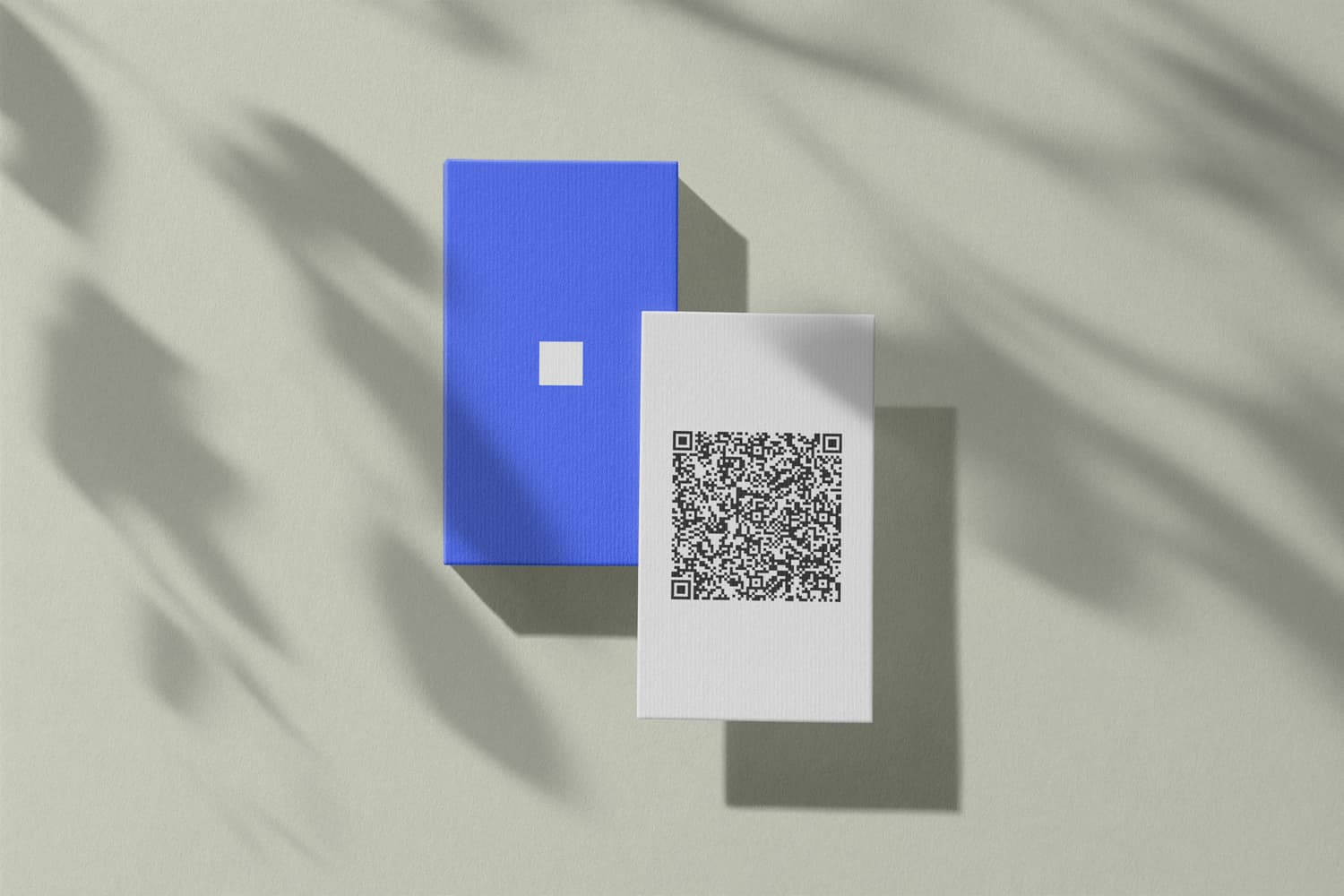 Two printed paper business cards, one blue and one white with a QR code, on a sage-green surface