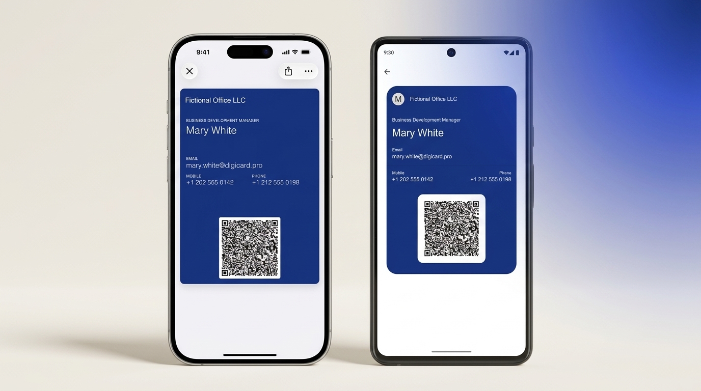 Two smartphones side by side on an off-white surface: on the left an iPhone shows a royal-blue digital business card with a QR code in Apple Wallet, on the right an Android phone shows the same card in Google Wallet, with a soft blue glow in the upper-right corner