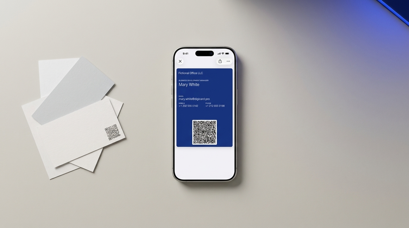 Top-down view on a light-grey desk: a few plain paper business cards pushed aside on the left, and a centered iPhone showing a royal-blue digital business card with a QR code in Apple Wallet, with a soft blue glow in the corner