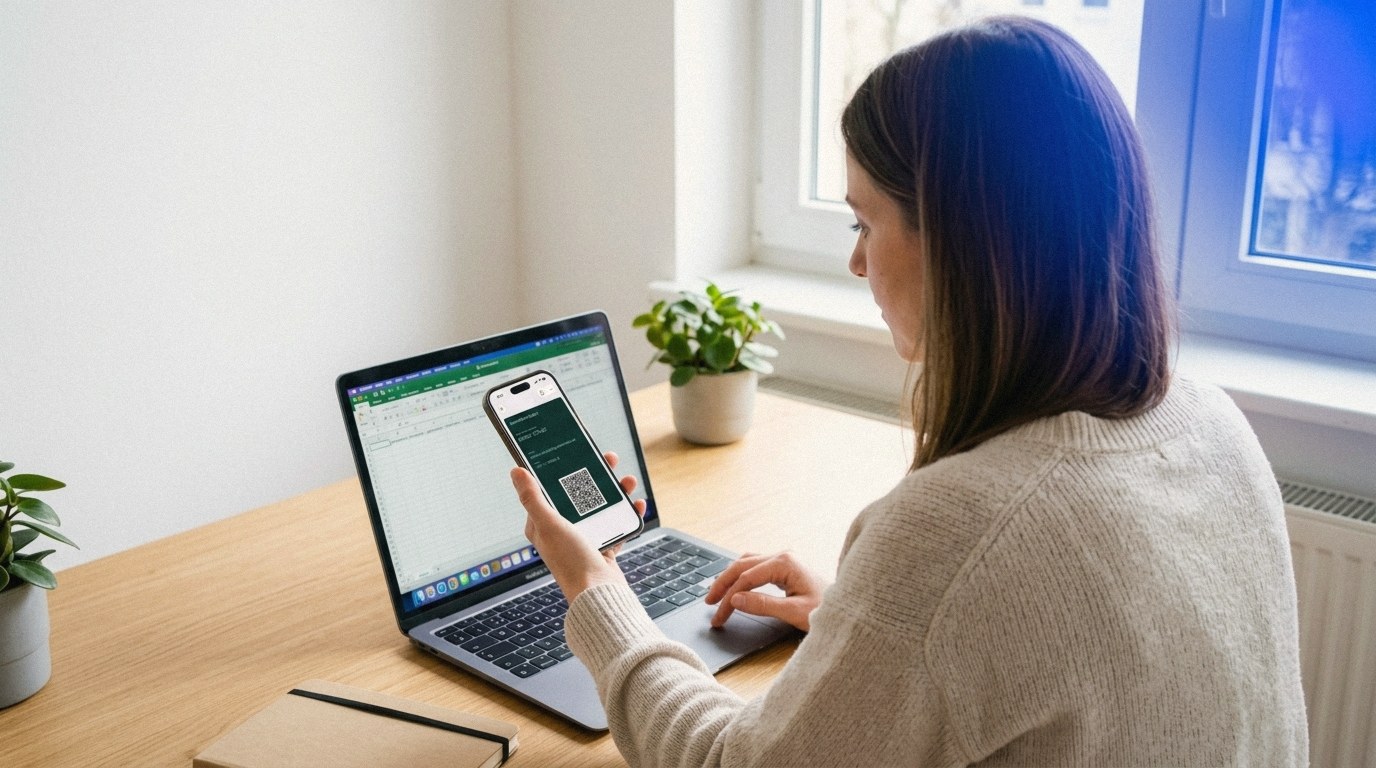 Over the shoulder: a woman in a cream sweater at a home-office desk holds her phone showing a green digital business card with a QR code, an open laptop and a plant beside her.
