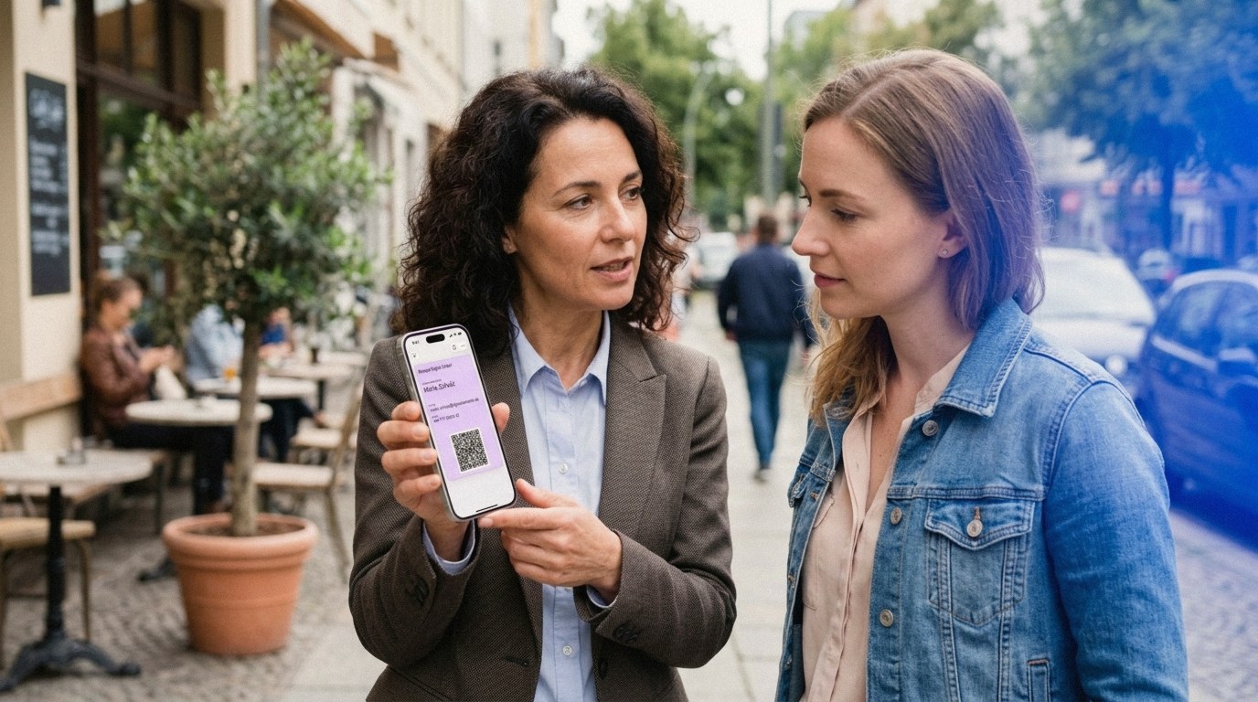 A freelancer shows her digital business card on her phone to a new contact on a city street