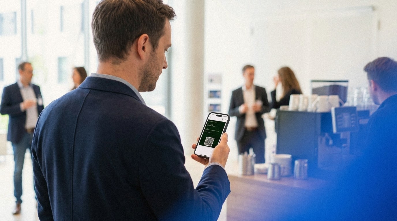 Over the shoulder: a man in a navy blazer stands in a conference coffee corner looking at his green digital business card with a QR code on his phone; blurred guests and a coffee machine behind.