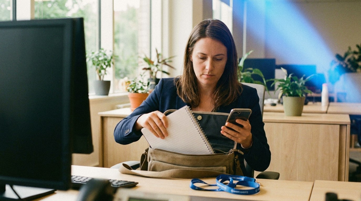 A woman in a navy blazer sits at a bright office desk packing a notebook into a shoulder bag while holding her phone in the other hand; a blue event lanyard lies on the desk, with plants and windows behind.