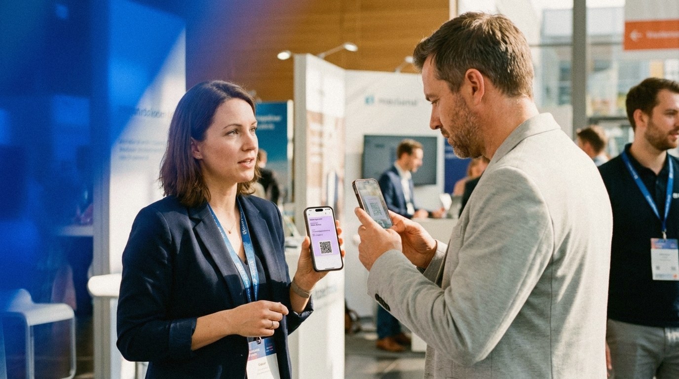 At a trade show, a woman in a navy blazer with a lanyard holds up her phone showing a digital business card with a QR code while a man in a light-grey jacket scans it with his own phone camera; blurred booths and attendees behind.