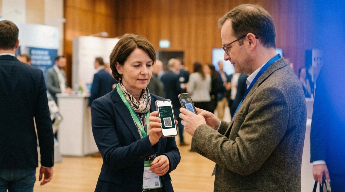 A conference hall: a woman in a navy blazer with a green lanyard holds up her phone showing a green Google Wallet business card with a QR code, while a man in a tweed jacket scans it with his own phone
