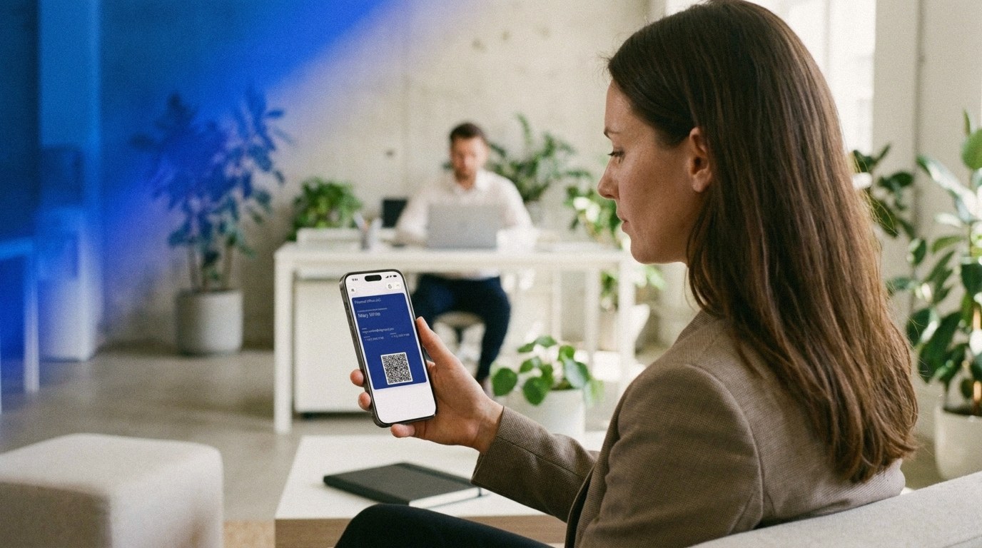 Woman in a bright modern office holding an iPhone that shows a blue digital business card with a QR code in Apple Wallet