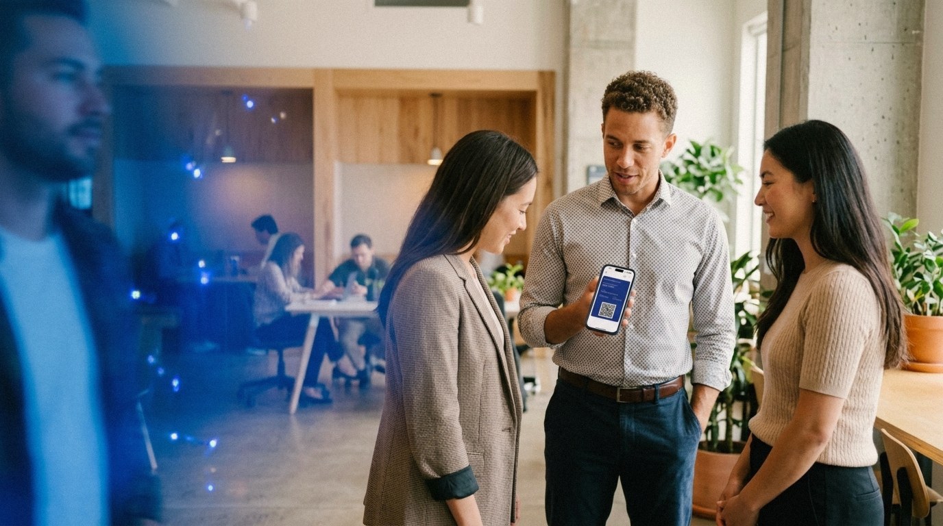 Three colleagues in a co-working space, one showing a digital business card on a phone