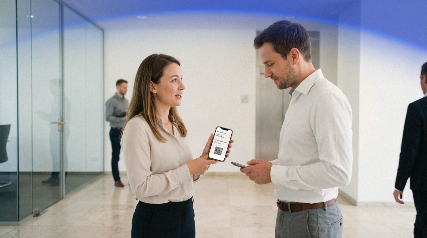 In a bright, modern office, one professional shows another a digital business card on a phone