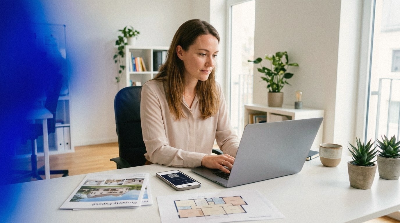 A real estate agent works at her desk with a property brochure and floor plan, her digital business card on her phone