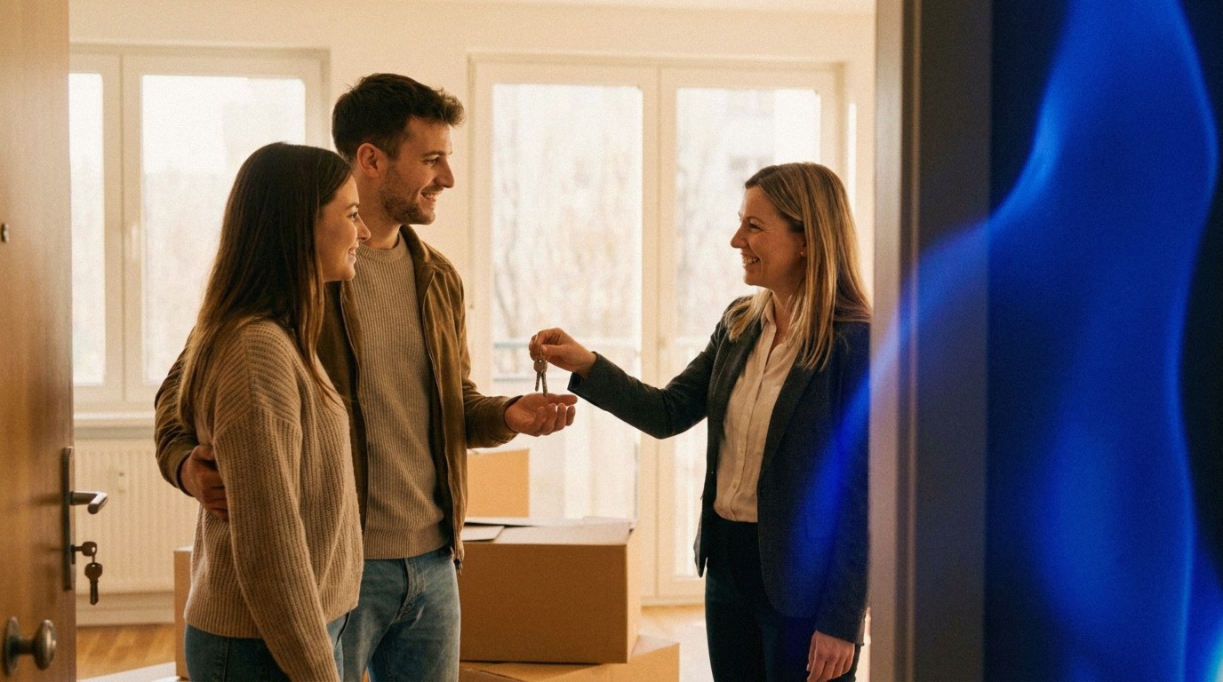 A real estate agent hands keys to a young couple after closing