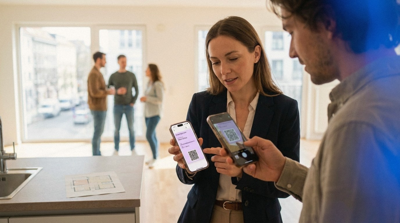 At an open house, a prospective buyer scans the agent's digital business card with their phone