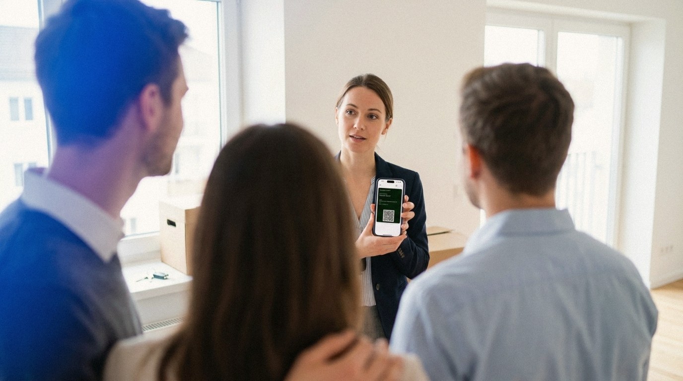 A real estate agent shows a couple her digital business card on her phone during an apartment viewing