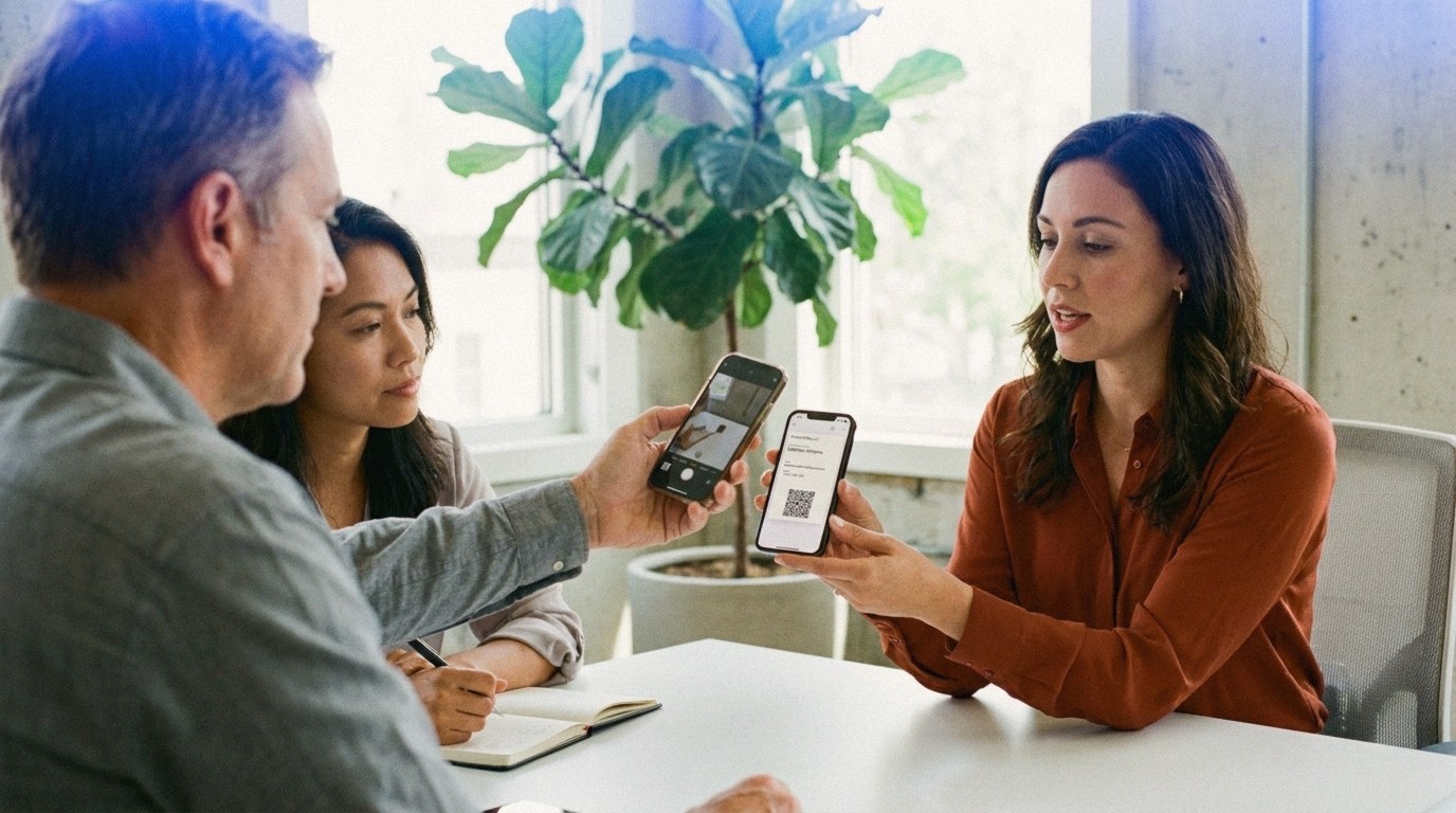 In a bright meeting room with pale concrete walls and a large plant by the window, a saleswoman in a rust-coloured blouse holds up her iPhone showing a light digital business card with a QR code, while a man in a grey shirt opposite lifts his own phone with the camera app open to scan it and a colleague beside him takes notes
