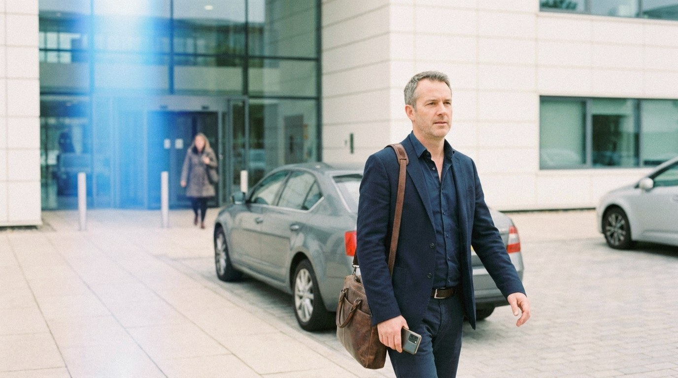 A sales representative in his forties in a navy jacket walks away from a parked grey car toward the glass entrance of a white office building, a brown laptop bag over his shoulder and his phone held at his side with the screen turned away; a woman leaves the building in the blurred background and a vivid blue light leak falls across the upper left of the frame