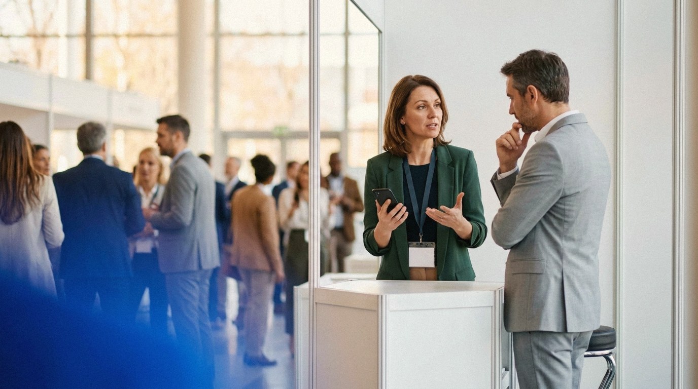 In a busy trade fair hall with plain white booths, a sales representative in a dark green blazer with a lanyard stands at her stand talking with a visitor in a light grey suit, her phone held at chest height with the screen turned away, while a crowd of attendees mingles in the softly blurred background