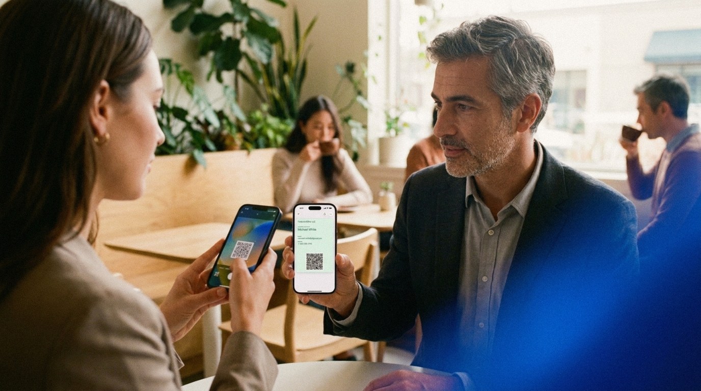 A man holds up his phone showing a green digital business card while a woman scans it with her own phone camera in a café