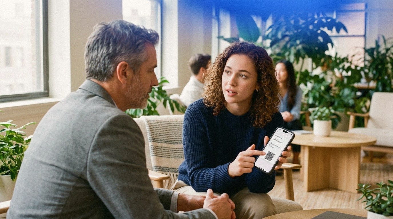 A woman holds up her phone showing a digital business card with a QR code to a colleague in a bright office lounge