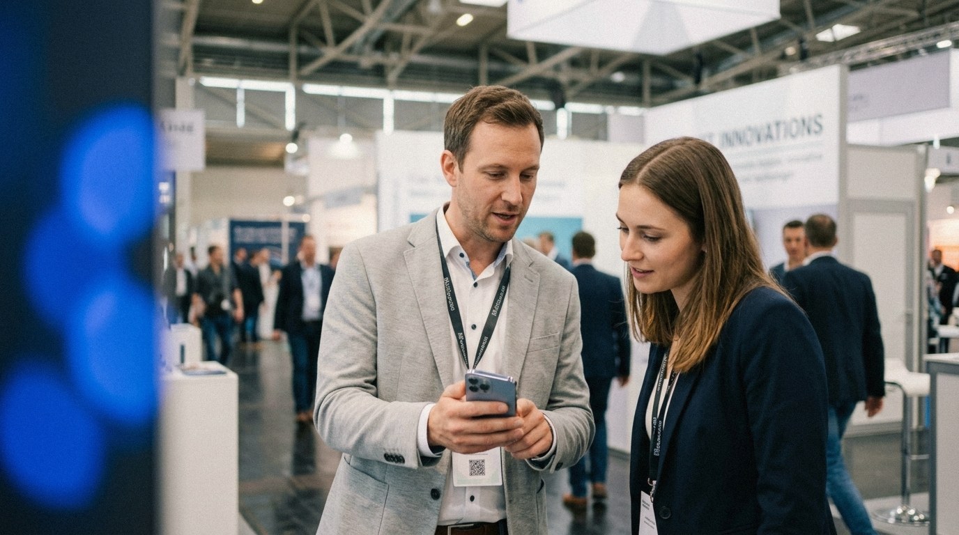 At a trade-show booth, one professional shows another a digital business card on a phone