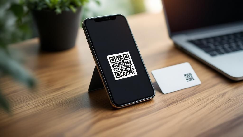 QR code business card design on a desk