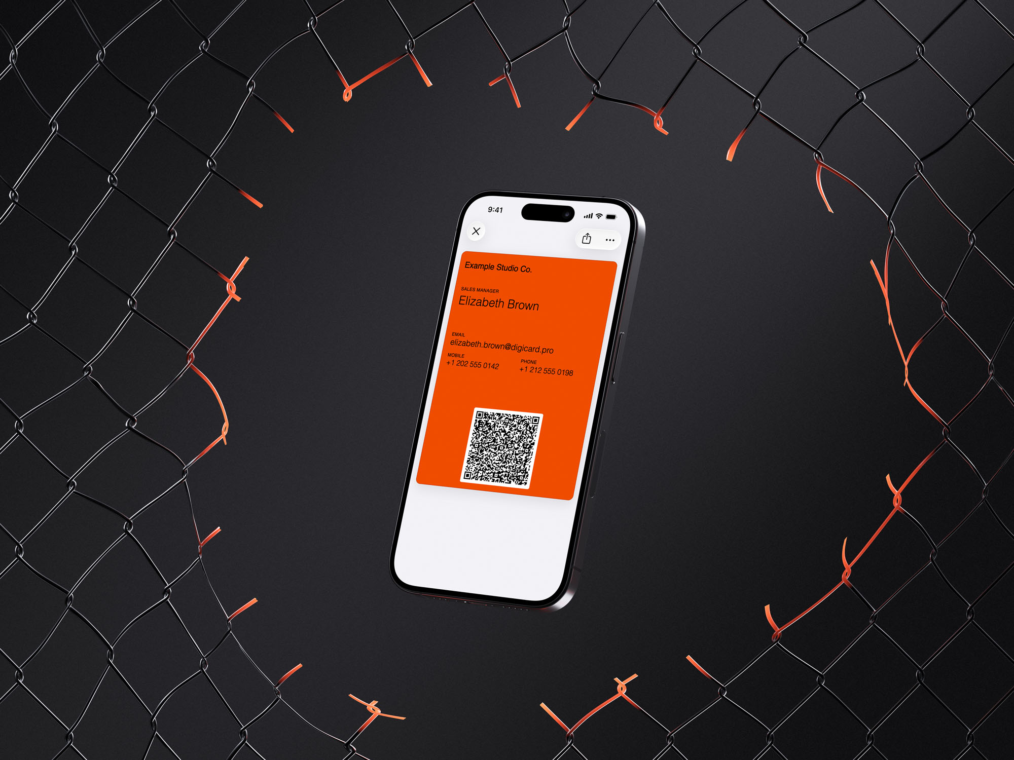 An iPhone showing an orange Apple Wallet business card with contact details and a QR code